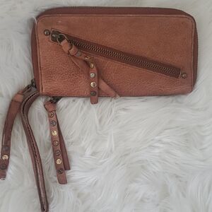 We The Free Distressed Tan Vegan Leather Wristlet Zip Wallet